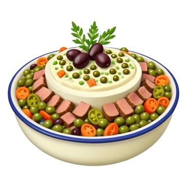 Salată de boeuf: a Romanian festive salad made with finely chopped boiled vegetables, pickles, peas, and beef or chicken, all mixed with mayonnaise and decorated with olives and pickles. sticker