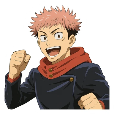 Yuji Itadori from Jujutsu Kaisen, pink hair, school uniform, energetic expression, anime style sticker