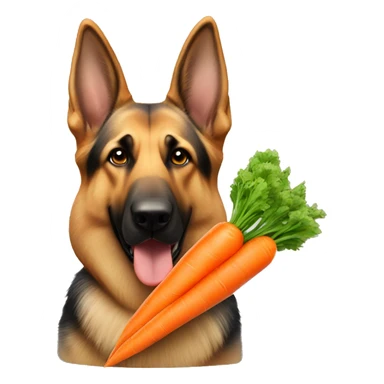 german shepherd with a very large carrot sticker