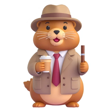 Make the beaver gangster in 3D emoji style look like he is made of cappuccino, with creamy and coffee-like textures. Keep the trench coat, tie, hat, and cigar as in the original image. sticker