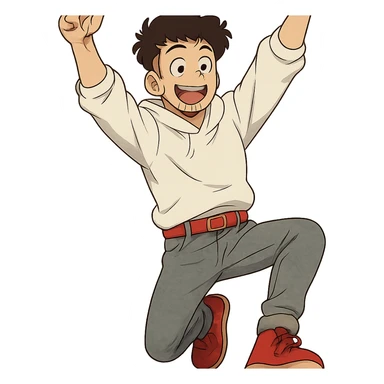 1 male, mid fade haircut dark chestnut brown curly hair, toasted lightskin, white hoodie sleeves up, gray fashion jeans, red fashion-sneakers shoes, red belt, short trimmed beard and goatee,  style of deku from "my hero academia",  "happy!" pose sticker