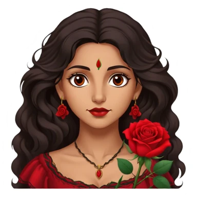A Romani woman with long, wavy dark hair and a single red rose behind one ear. She has deep eyes and a confident, mysterious expression sticker