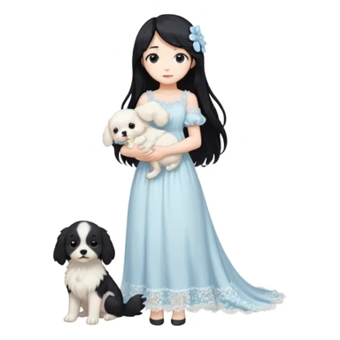 Pastel anime lady long hair with long lace dress full body holding puppy aesthetic background sticker