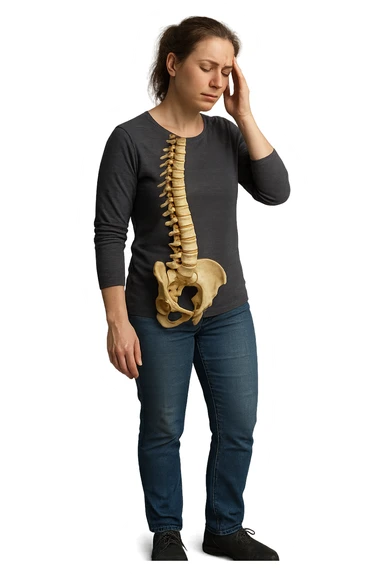 donna stanca a figura intera che si tiene una mano sulla tempia con spina dorsale anatomica visibile, iperrealistico 4k sticker