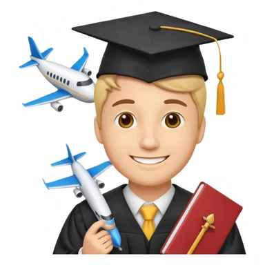 emoji man student at university with graduation cap and airplane, happy, programme erasmus,white background sticker