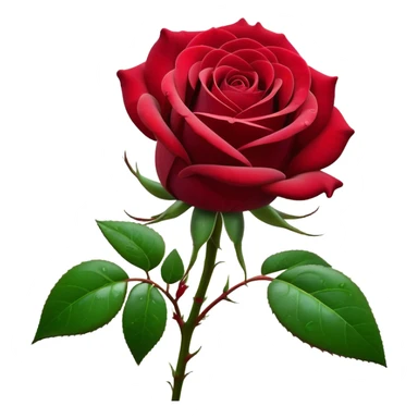 Cinematic Realistic Rose Emoji, Elegant and full of grace, with velvety, deep red petals unfurling in a perfect bloom, dew drops glistening on the soft edges, and a faint fragrance hanging in the air. The lush green leaves surround the stem, creating a vibrant contrast to the rich color of the petals. Soft glowing outline, capturing the essence of timeless beauty and romance in a single bloom. sticker