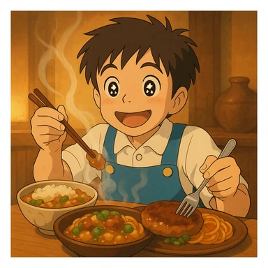 The same anime boy character from the reference image, in Studio Ghibli style, enjoying delicious food with sparkly eyes and a satisfied expression. Steam rising from the dishes, food is detailed and appetizing, food animation style, warm and inviting atmosphere. sticker