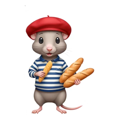 Rat wearing a beret and striped shirt holding a baguette with Eiffel Tower in background sticker