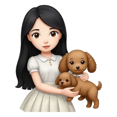 beautiful girl with long straight black hair wearing a white skirt holding a small brown curly teddy dog sticker