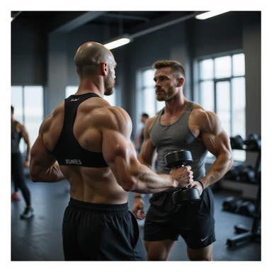 man in modern gym, wearing sportswear, using both isotonic machine and dumbbells, other athletes in background, atmosphere of variety in training, realistic details, 4K quality sticker