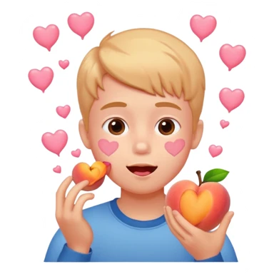 Cute boy eating a peach, pink hearts floating  sticker