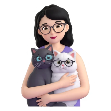 Skinny woman with oval glasses, shoulder length straight black hair, wearing white sleeveless top, hugging a grey Persian-Angora cat, plain background sticker