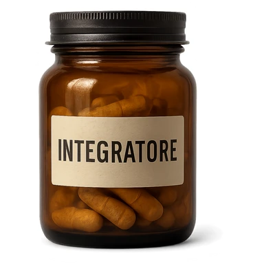 Add the text 'Integratore' clearly and legibly on the label of the jar, maintaining the hyperrealistic style and isolated white background as shown in the reference image. sticker