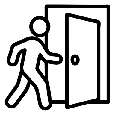 minimalistic icon of a white human figure walking through an open outlined door, viewed from the front, door with visible doorknob, solid green background, flat simple clean lines, high contrast sticker