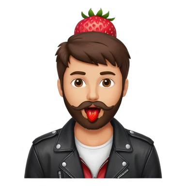 dressed with a black leather jacket, a brunette guy with a beard and toupee, with a strawberry in his mouth sticker