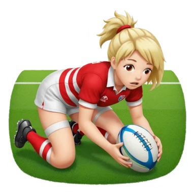 Chica de pelo rugby tirada en el suelo de un campo de rugby boca abajo agarrando un balón con las manos vestida con una equipación de color rojo y blanco con líneas y con unas botas de tacos de fútbol, con un bucal en la boca sticker