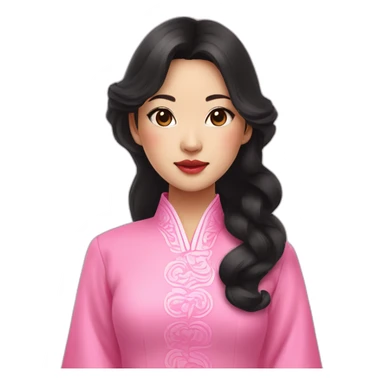 asian girl with fair lips, wavy black hair posing with pink ao dai sticker