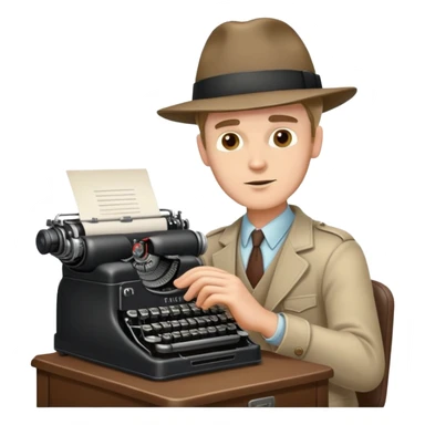 white man journalist typing on a vintage typewriter, press badge on hat sticker