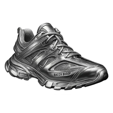 Balenciaga Track sneakers in chrome style, highly reflective metallic finish, detailed design, simple background sticker