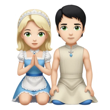 Prince, standing, black hair, blue eyes, garmont, and maid, blonde Hair, green eyes, white short sleveless dress, kneeling  sticker