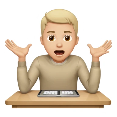 man sitting at a table, shouting, hands on the table, leaning forward, working, energetic sticker