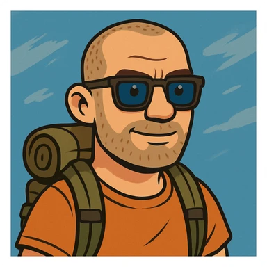 a bold man with very short hair, wearing squared dark glasses, blue eyes, traveler vibe, cartoon style sticker