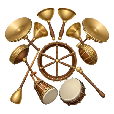 Create a heraldic, festive, and professional emblem-like emoji representing percussion instruments. The design should resemble a traditional crest, featuring a range of percussion instruments like cymbals, triangle, tambourine, maracas, timpani, and other traditional and folk percussion instruments. Arrange them symmetrically, with elements like cymbals crossing each other, a triangle at the center, and timpani or drums flanking the sides. The instruments should be depicted with metallic and wooden tones—shiny brass for cymbals, silver for the triangle, and rich wood or polished bronze for drums. Include ornate details like engraved patterns on the instruments, decorative swirls or laurels, and subtle accents to add elegance and festivity to the composition. The overall design should be cohesive, balanced, and visually striking, suitable for use as a prestigious emblem. The background should be transparent. sticker