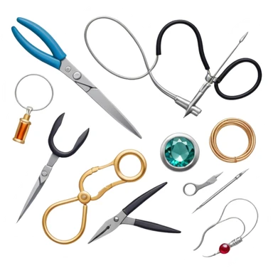 Jewelry art icon, various jewelry pieces like rings, necklaces, and bracelets in progress, visible tools such as pliers, gemstone, wire, and soldering equipment, minimalistic style, clean lines, transparent background. sticker