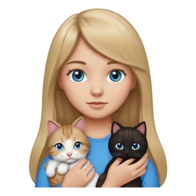 Apple-style emoji sticker of a young woman with long dark blond hair and bang, blue eyes , holding a kitty with black and white patch on her chest.  sticker