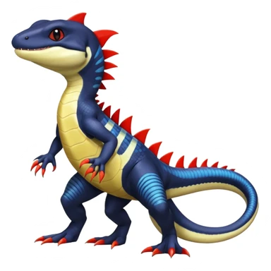 Black and white Orca-hybrid-reptile-reptilian-lizard-skink-gecko-Digimon-Fakémon-Pokémon-fusion-hybrid full body, two legs, two arms, claws, anthropomorphic, with red stripe sticker