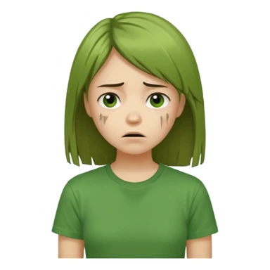 Chica joven con el pelo liso y dañado, descuidado, camiseta verde, con cara triste y desanimada sticker
