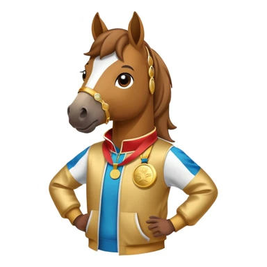 friendly anthropomorphised horse in a hip-hop outfit, wearing a gold medal sticker