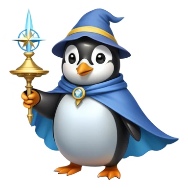 A magical explorer penguin wearing a yellow hat and a flowing cape, holding a floating enchanted compass that glows with blue arcane energy, guiding its way. The penguin looks determined, blending mystery and adventure. sticker