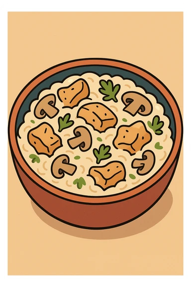 cartoon style bowl of creamy chicken mushroom risotto, garnished with parsley, bright and playful sticker
