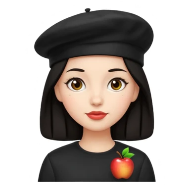 girl with dark hair wearing a black beret hat, apple emoji style sticker