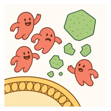 A realistic biological illustration (like in a school book) showing: enzymes (red) breaking down starch (green) near a cell membrane (yellow). Macro photography style. No labels, white background sticker