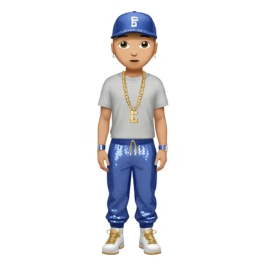 Eminem with periwinkle sequin baggy pants, shirtless with necklace sticker