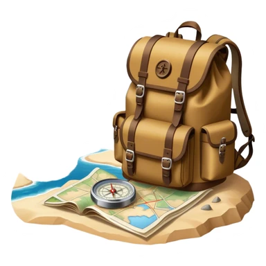Icon for Expeditions: a compass, a map, a backpack with trekking gear, and a rugged expedition jeep, set against a backdrop of snowy mountains, sand dunes, and tropical islands. The icon should capture the spirit of adventure and exploration in diverse landscapes. Transparent background. sticker