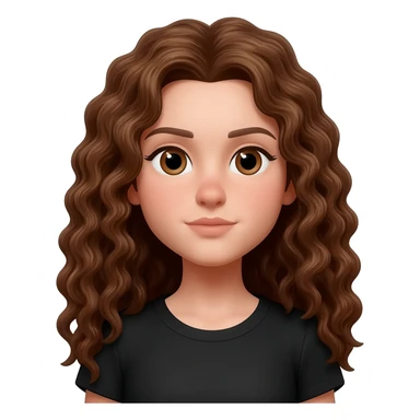 white girl with long brown curly hair and  brown eyes with a black shirt sticker