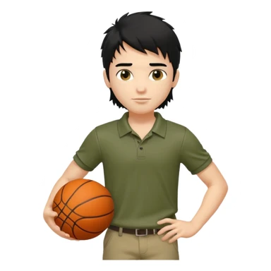 generate a pretty fair bratz boy with a long messy mullet (black hair), carrying a basketball in one hand. Smirking .  Wearing an olive polo shirt. Lean but biceps sticker
