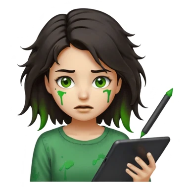 emoji holding and drawing on tablet using a stylus, looking down at screen in frustration, female, messy dark hair, green eyes, alternative/grunge style, screen slightly visible with splashes of color like a paint palette  sticker