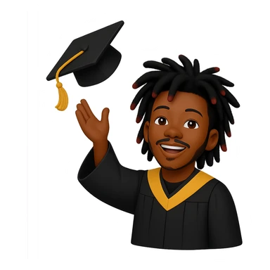 Create a male African American graduate emoji based on the reference photo with his hairstyle and features, wearing a graduation cap and gown, throwing the graduation cap in the air. Remove the background. sticker