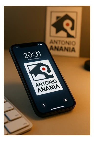 A photo of an iPhone with the message "Antonio Anania" on its screen, The phone sits atop a desk with a blurred background that suggests work environment. A faint glow from above casts gentle shadows across the surface of each object, creating depth and highlighting their textures sticker