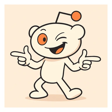 Snoo the Reddit mascot doing finger guns, cartoon style, energetic pose, white and orange colors sticker