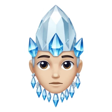 A single crystal character inspired by a clear quartz cluster, chunky base with many tall transparent crystal spikes growing upward all around it with a face sticker