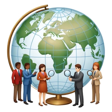 An icon featuring a group of people, a network diagram, and a magnifying glass, symbolizing sociology. The design includes a globe and interconnected lines, representing social structures and relationships. Transparent background highlights the study of societies and human behavior. sticker