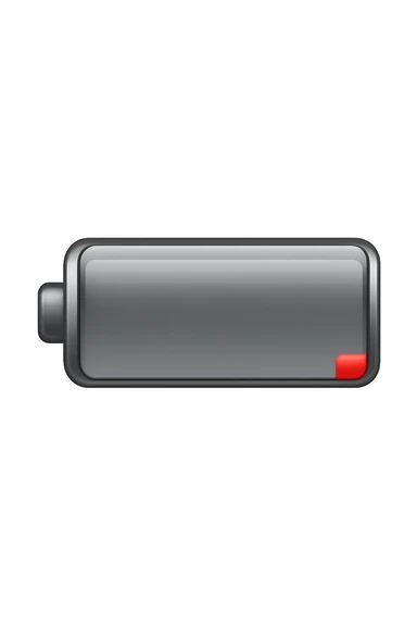 iPhone-style emoji of a battery that is almost empty, with a small red bar at the end indicating low energy. Clean, minimal, glossy look, transparent background. sticker
