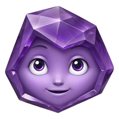 One amethyst-purple faceted rock head character, chunky and rock-like, with irregular facets and a few visible chips, big glossy eyes looking slightly up and a gentle smile, 3D render, high detail, soft rim light, isolated on dark background. sticker