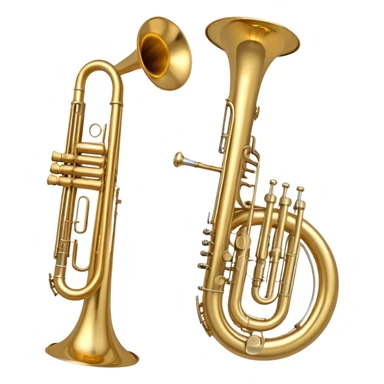 Create a simple and symbolic emoji collage representing wind instruments. Include a variety of iconic elements like the bell of a trumpet, the mouthpiece of a saxophone, and a subtle outline of a trombone. Arrange the elements in a dynamic and balanced way. Use warm metallic tones like gold, brass, and silver for the instruments, with a clean and minimalist design. The background should be transparent, focusing on the shapes and silhouettes of the instruments to convey their essence without excessive detail. sticker