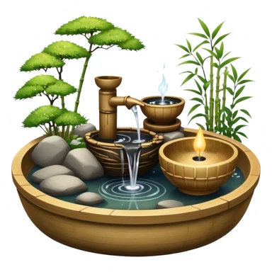 Shiny sparkly glittery beautiful elegant pretty precious divine Japanese zen garden vintage old bamboo fountain with a beautiful wooden bowl underneath aesthetic scenery  sticker